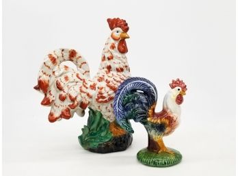 A Pair Of Vintage Majolica Roosters