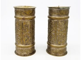 A Pair Of Vintage Indian Repousse Brass Candle Bases