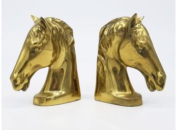 A Pair Of Large Vintage Cast Brass Horse Head Bookends