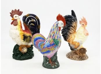 A Trio Of Vintage Majolica Roosters