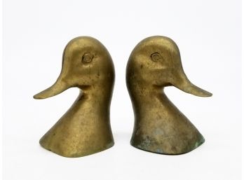 A Pair Of Antique Cast Brass Ducks Head Bookends