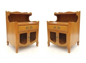 A Pair Of Vintage Oak Nightstands With Wired Latticework Doors