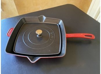 STAUB France Enameled Cast Iron  Red Square Grill Pan & Press (retail $ 259.00)
