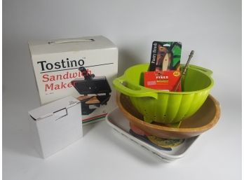 Assortment Of Useful Kitchen Items Including A Strainer, Wooden Bowl, Candle Stuffer And More!!!