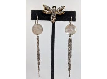 Shell Dangle Earrings With Silver Tassels 3' And A Cute Rhinestone Bee Pin 1'