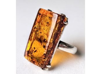 Beautiful Silver Ring With Massive Amber Size 7