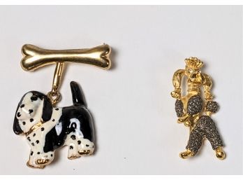 Two Sassy Dog Brooches One Dalmatian Under It's Favorite Bone, The Other A Poodle On It's Hind Legs; 2' Each