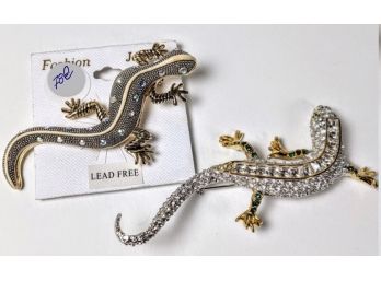 Two Fabulously Depicted Bejeweled Lizard Pins 3.5' And 4'