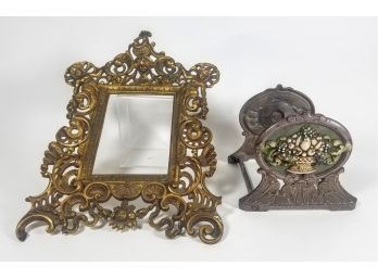 Victorian Era Heavy Brass Bookends With Petit Fleurs And Flourished Brass Picture Frame Substantial