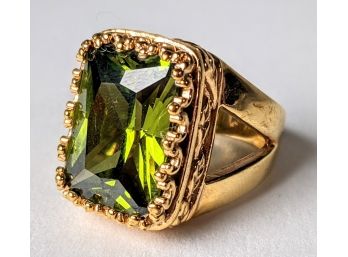Gorgeous Gold Plated Ring With Large Green Rhinestone, Size 8