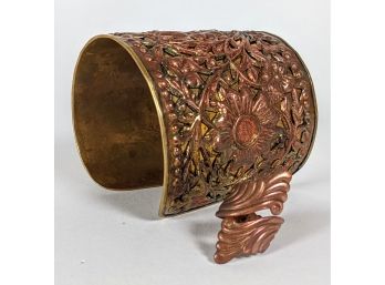 Intricate Brass Cuff Bracelet With Twisted Vines And Sunflower Design Comes With Matching Ring 3' Ring Size 6
