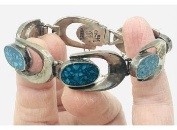 Superb! Heavy Taxco Sterling Silver Turquoise Mosaic Links Bracelet W/Safety Chain