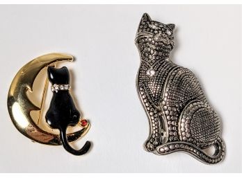 Two Adorable Cat Brooches, One Sitting Proudly, The Other Resting Against The Cresent Moon 2' And 1.5'