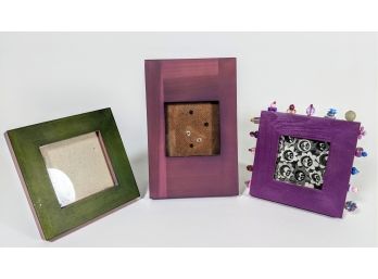 Three Painted Whimsical Wooden Picture Frames On Stands