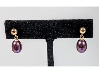 Small Glowing Aubergine Pearl Orb Drop Post Earrings With 1/20 14k Gold Filled Posts, Very Pretty