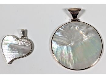 Fraternal Twins; 2 Ethereal Genuine Shell Pendants In Sterling Silver Bezels (Circle 2' - Heart 1')