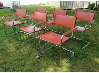 6 Vintage Mart Stam Italian Dining Side Chairs Tubular Chrome/Brown Leather