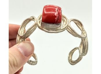 Brutalist Unmarked Silver Bracelet With Beautiful Large Red Sea Coral  1' Stone/71g