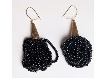 Black Formal Pom Pom Seed Bead Earrings; 1.5'