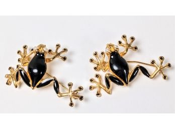 Pair Of Elegant Black Tree Frog Brooches With Gold Painted Accents 2'