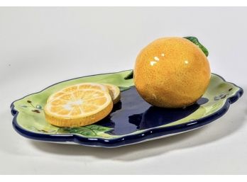 Whimsical 3-D Trompe L'oeil Glazed Ceramic Orange Fruit Plate With Indo-French Vibe 8'