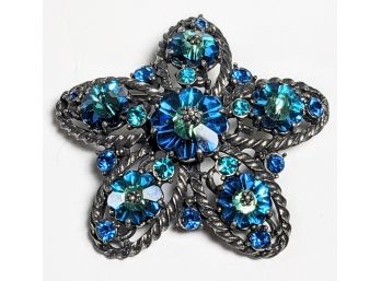 Fabs! Very Lively Large Vintage WEISS Big Blues Greens Rhinestones Flower Brooch 2'
