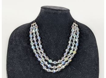 Sparkling Aurora Borealis Cut Crystal 3 Strands Necklace Has Sterling Silver Chain And Clasp 20.5'