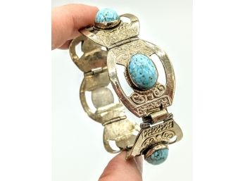 Substantial! Striking Gorgeous Thick Sterling Bracelet/6 Large High Cabochon Cut Turquoise Stones 2.5'/40g
