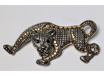Silver And Gold Panther Brooch Ready To Pounce With Piercing Black Rhinestone Eyes; 2.5'