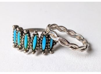 2 Silver Tone Rings, One Twisted Band (6) And One With Faux Turquoise (expandable)
