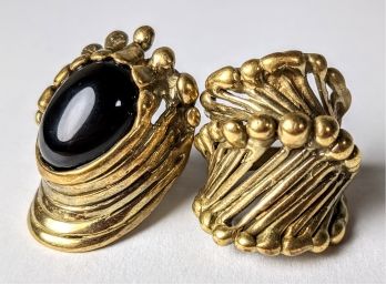 One Of A Kind Pair Of Brass Rings, Unique Artisinal Mid Century, With A Large Onyx Stone, Both Size 6