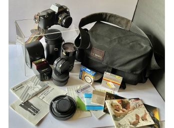 Cannon T 70 35mm Camera And Accessories  - Flash, Quantaray Macro Lens, Optical Filter, Untested