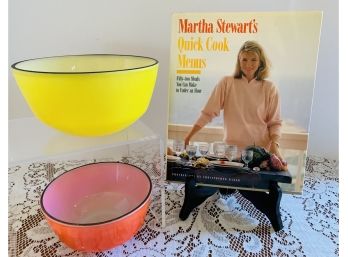 Martha Stewart Quick Cook Menus, 2 Vtg Anchor Hocking Bowls, Yellow & Flame