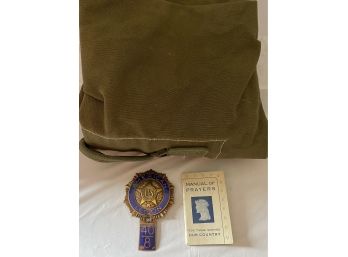 Three Military Items 1950 Era - U.S. Duffel Bag, Manual Of Prayers, American Legion Members Badge 40- 8