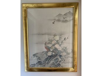 Vintage Asian Bird Theme Print Gold Frame 35in. X 27 In.