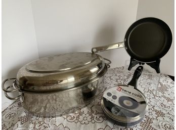 Roaster/skillet Lot-new Bene Casa Skillet , Farberware Nonstick Skillet, Lusterware Roaster Dual Purpose Lid