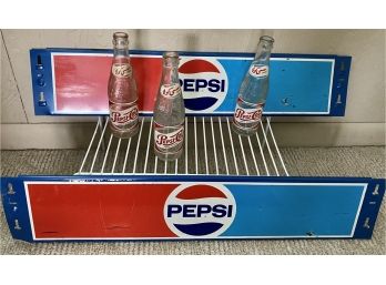 Two Metal Pepsi Soda Signs 27 In. X 6 In. & 3 Vintage French - Arabic Pepsi Bottles