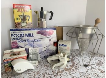 Kitchen Lot-vtg China Cap & Stand, New Espresso, Zyliss Grater, Food Mill, Rolling Slicer