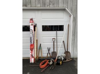 Lot Of Yard Tools - Electric Pole Chain Saw, Shovels, Rake, Pick, Clippers, Hedge Trimmer More