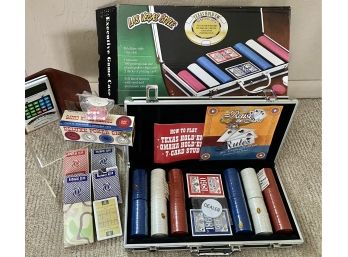 NIB MINT Las Vegas Executive Game Case, Vintage Poker Chips, Radio Shack Electronic 21, Card Decks, Dice