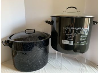 2 Canning Pots With Racks 1 Graniteware (used) 1 Enamel (new)