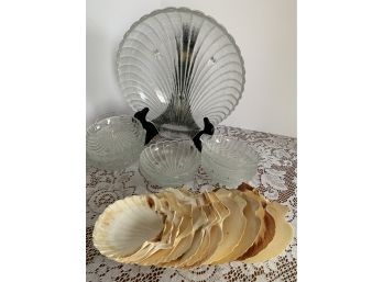 Shell Lot- Large Textured Glass Shell Serving Bowl & 8 Small Matching Dishes Plus 12 Scallop Shells