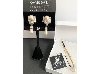 NOS Vintage With Tags SWAROVSKI Pearl Drop Earrings 2 In. Clip Earrings & Golf Club Pin Gold Plated