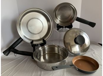 Lot Of 4 High Quality Heavy Duty Stainless Pans- 1 Lid- (unbranded)  1 Mini Gotham Steel Skillet