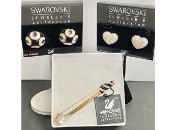 Lot Of 3 SWAROVSKI NOS Vintage Pieces - 2 Pairs Earrings & Gold Plated Golf Club PIn Brooch Lot A