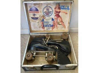 Vintage Cleveland Skate Co. Gloria Nord Model 200 Men's Leather Roller Skates Size 9 Original Metal Carrier