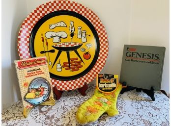 Barbecue Lot-vtg Barbecue Tray Great Graphics, 2 Barbecue Cookbooks, Vtg Magla Flame Resistant Potholder