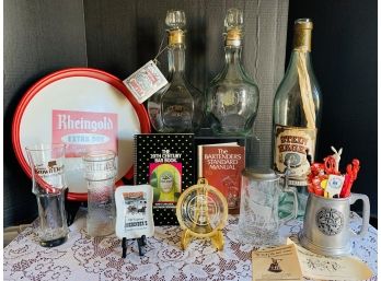 12 Pc. Bar Lot Plus 54 Vtg. Swizzle Sticks-rheingold Bar Tray, Brown Derby Glass, ALWE Etched Beer Stein, More