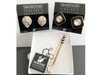 Lot Of 3 SWAROVSKI NOS Vintage Pieces - 2 Pairs Clip Earrings & Gold Plated Golf Club PIn Brooch Lot B