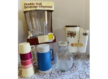 Beverage Container Lot- New Dispenser, 2 Vtg Thermos,  Vtg Anchor Clear Ribbed Flat Lid, Vtg Sterilite Set